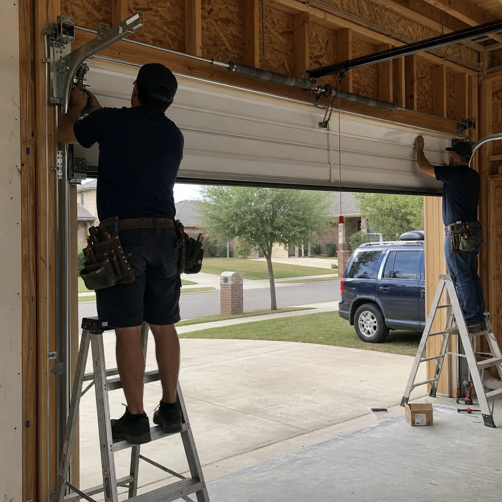 Two professional technicians performing a residential garage door installation