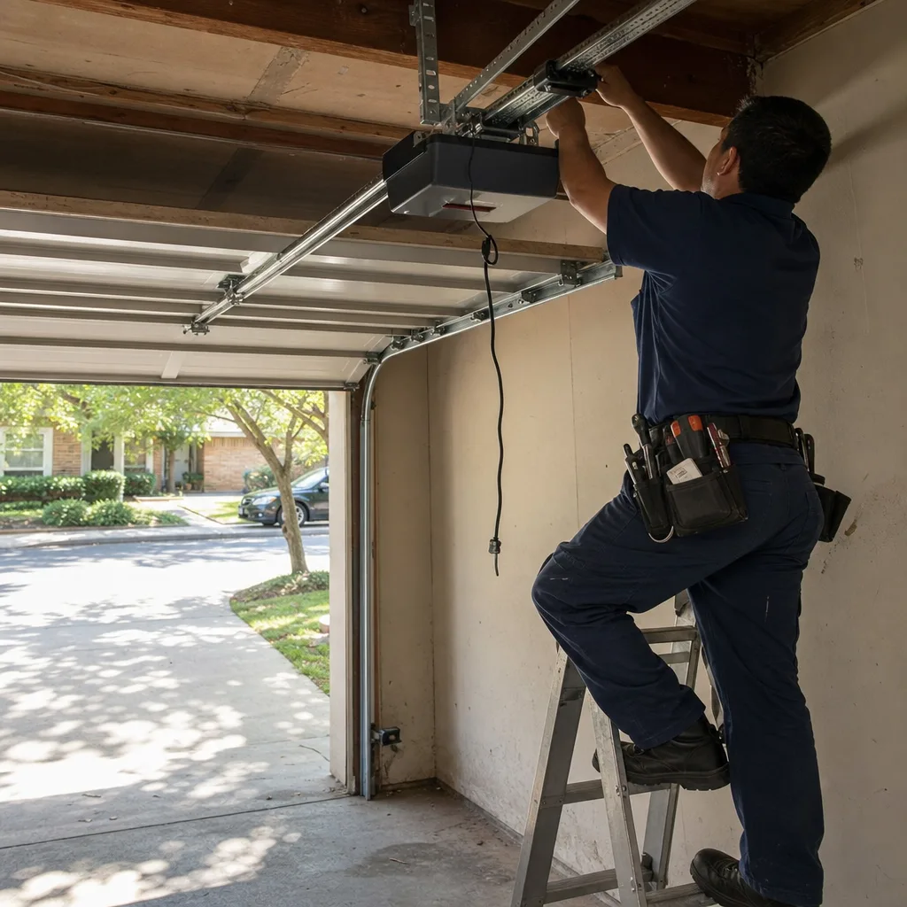 Technician performing professional garage door opener repair and installation
