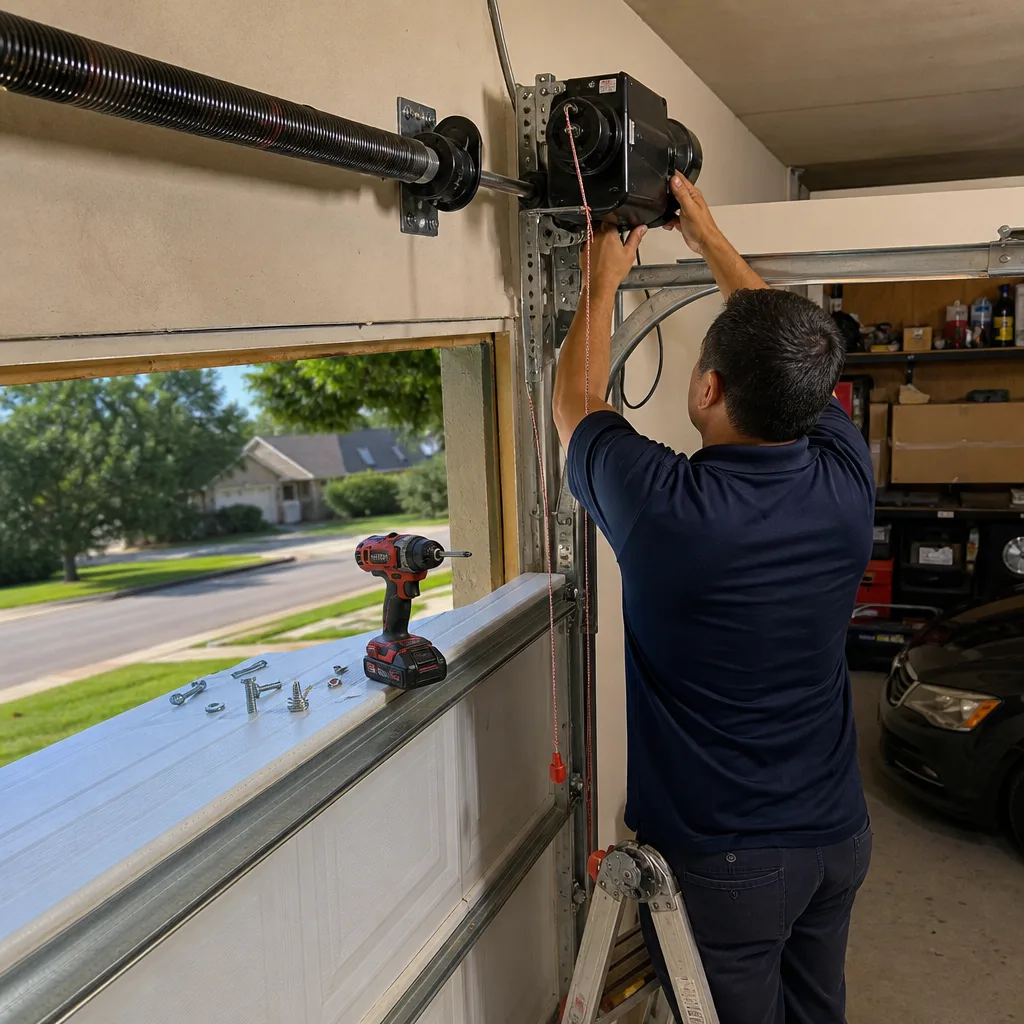 Technician performing professional garage door opener installation and repair