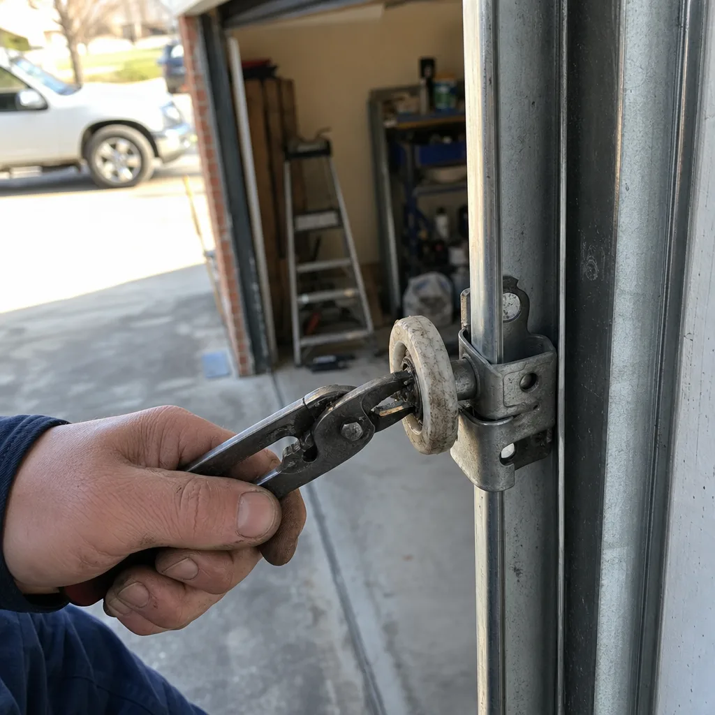 Technician using pliers to perform professional garage door roller maintenance