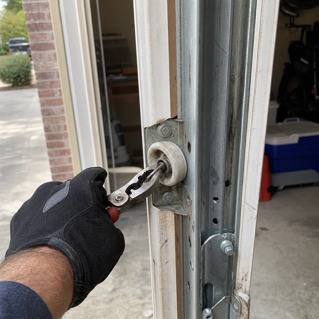 Technician repairing garage door roller mechanism with pliers