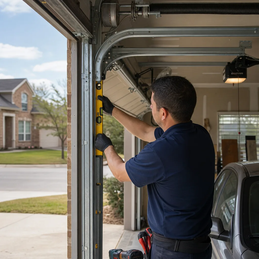Garage door technician performing a professional track alignment and repair service.