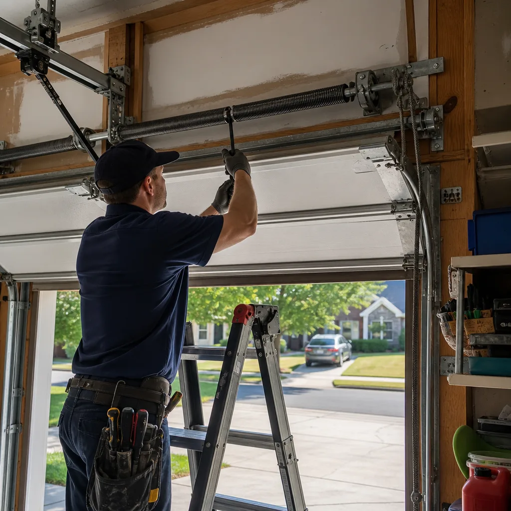 Technician performing emergency garage door spring repair and maintenance nationwide