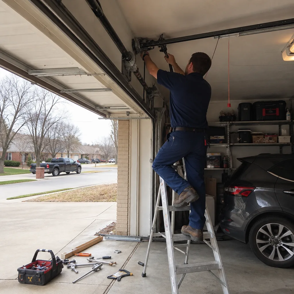 Professional technician performing emergency garage door repair on a ladder nationwide