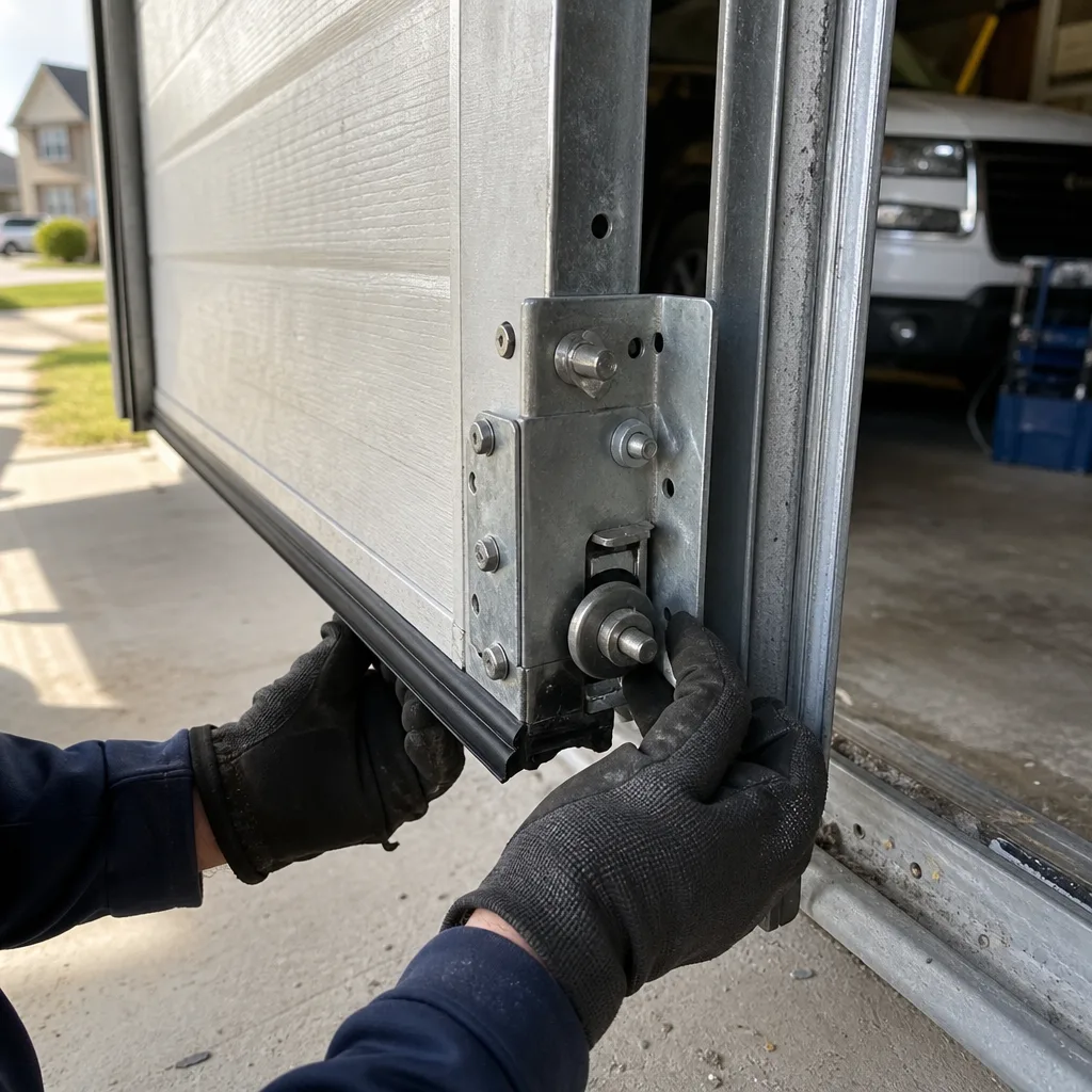 Technician performing garage door maintenance and hardware repair nationwide
