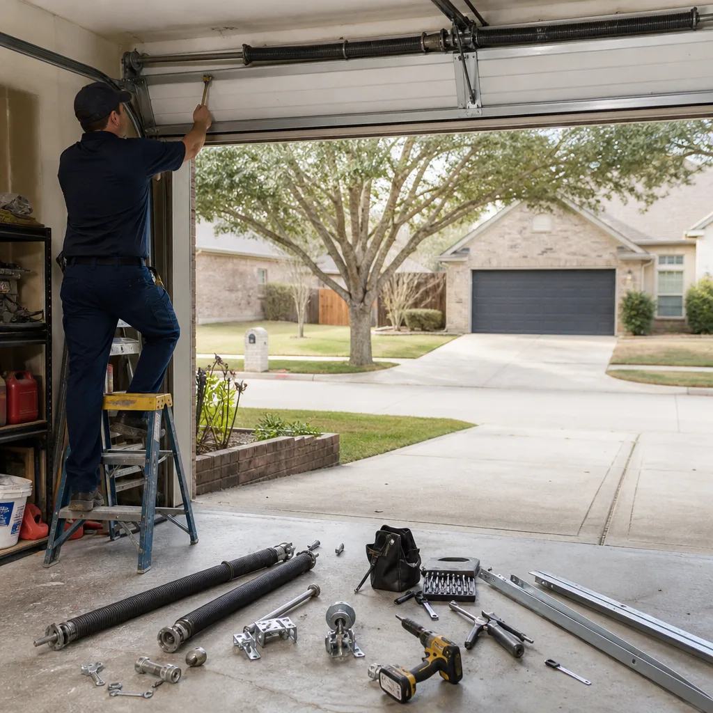 Professional technician repairing garage door components with tools spread on floor in Garland, TX