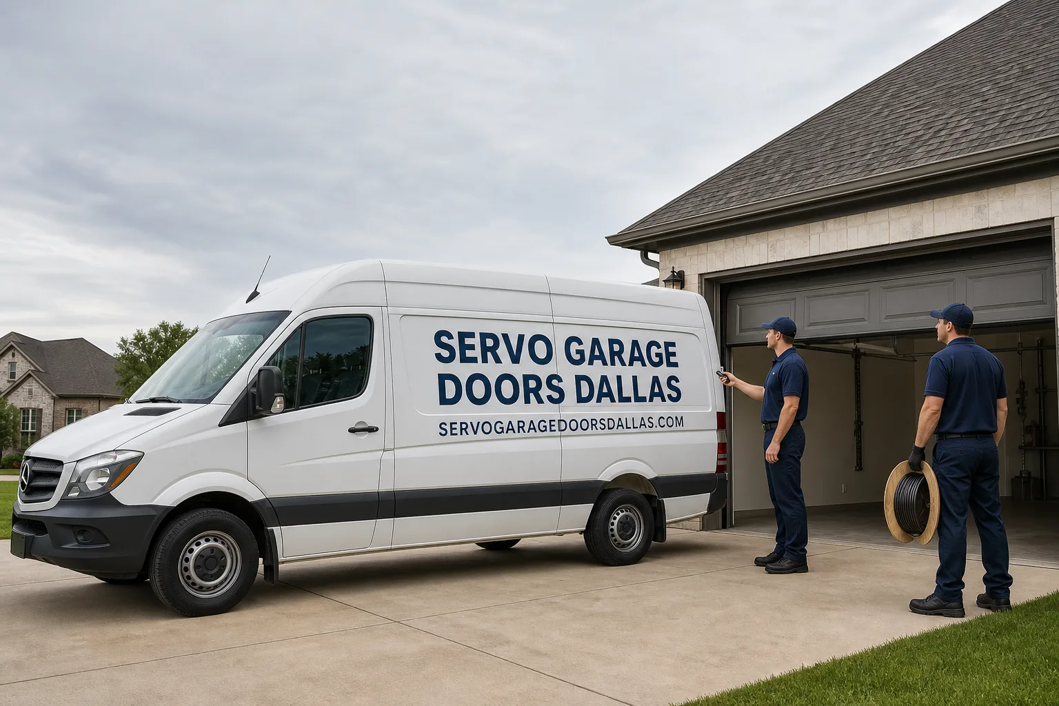 Servo Garage Doors Dallas garage door service vehicle and crew in Dallas, TX